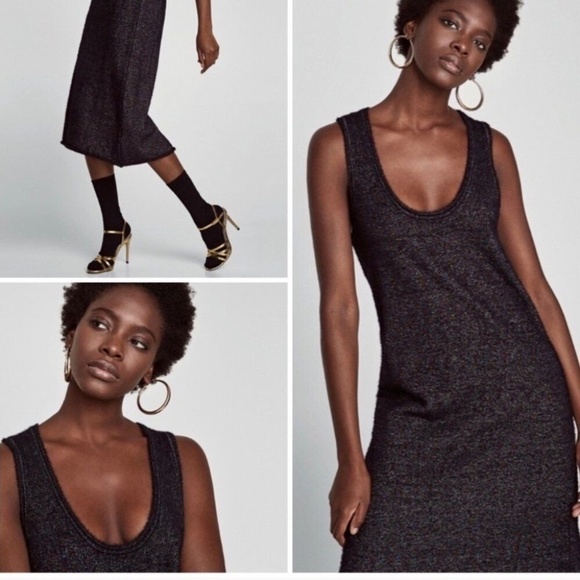 NEW ZARA Woman Midi Black Metallic Fuzzy Knit Cozy Sweater Dress Medium - Picture 2 of 14